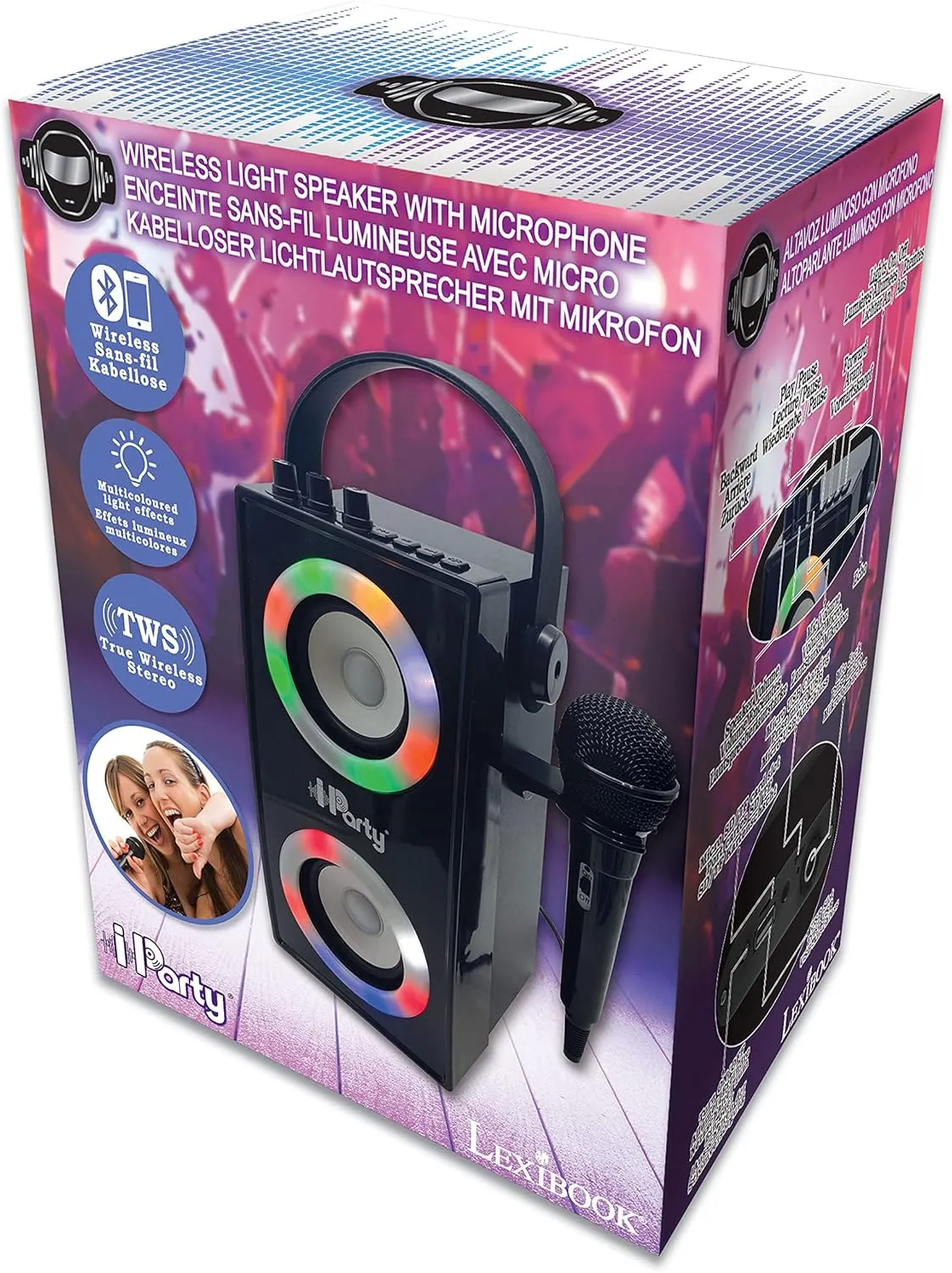 Lexibook iParty - Portable Bluetooth Light Speaker with Microphone, Light Effects, Karaoke, Wireless, USB, SD Card, Rechargeable Battery, Black, BTP180BKZ