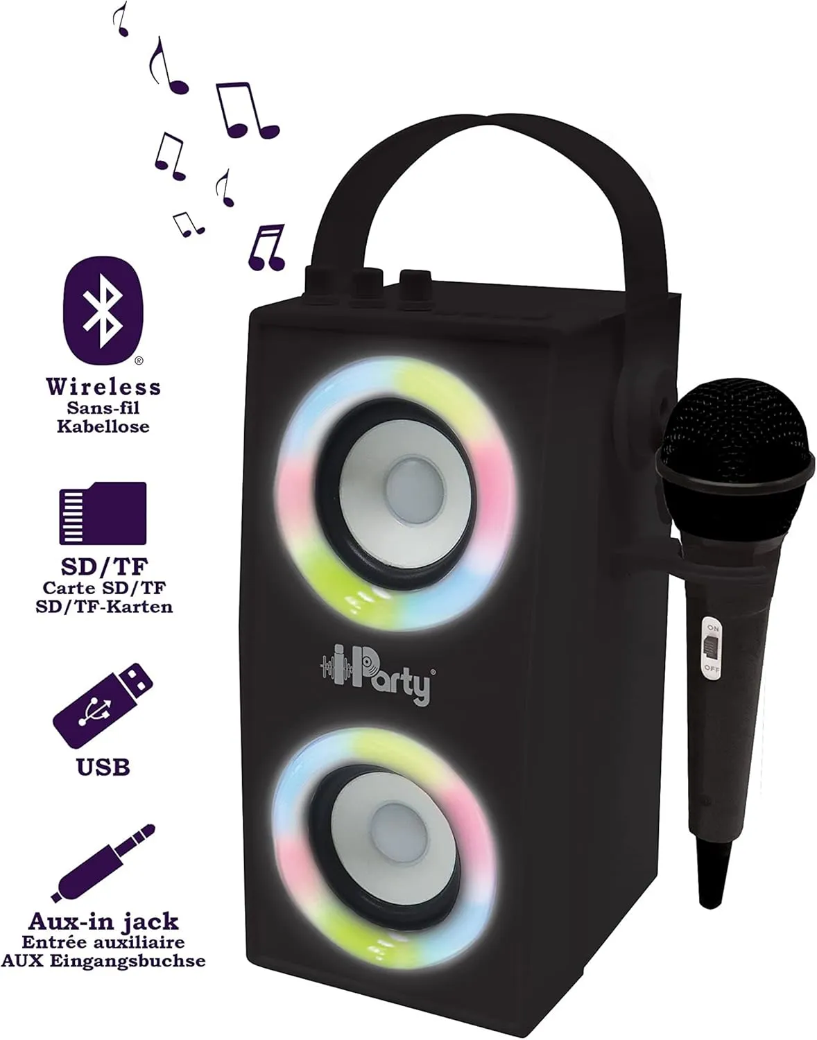 Lexibook iParty - Portable Bluetooth Light Speaker with Microphone, Light Effects, Karaoke, Wireless, USB, SD Card, Rechargeable Battery, Black, BTP180BKZ
