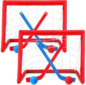 Leyndo 2 Sets Kids Mini Hockey Set Includes 2 Hockey Nets 2 Mini Hockey Goal 4 Plastic Mini Hockey Sticks 4 Foam Balls Knee Hockey Goal Hockey Ball for Kids Indoor Floor(Bright Color)