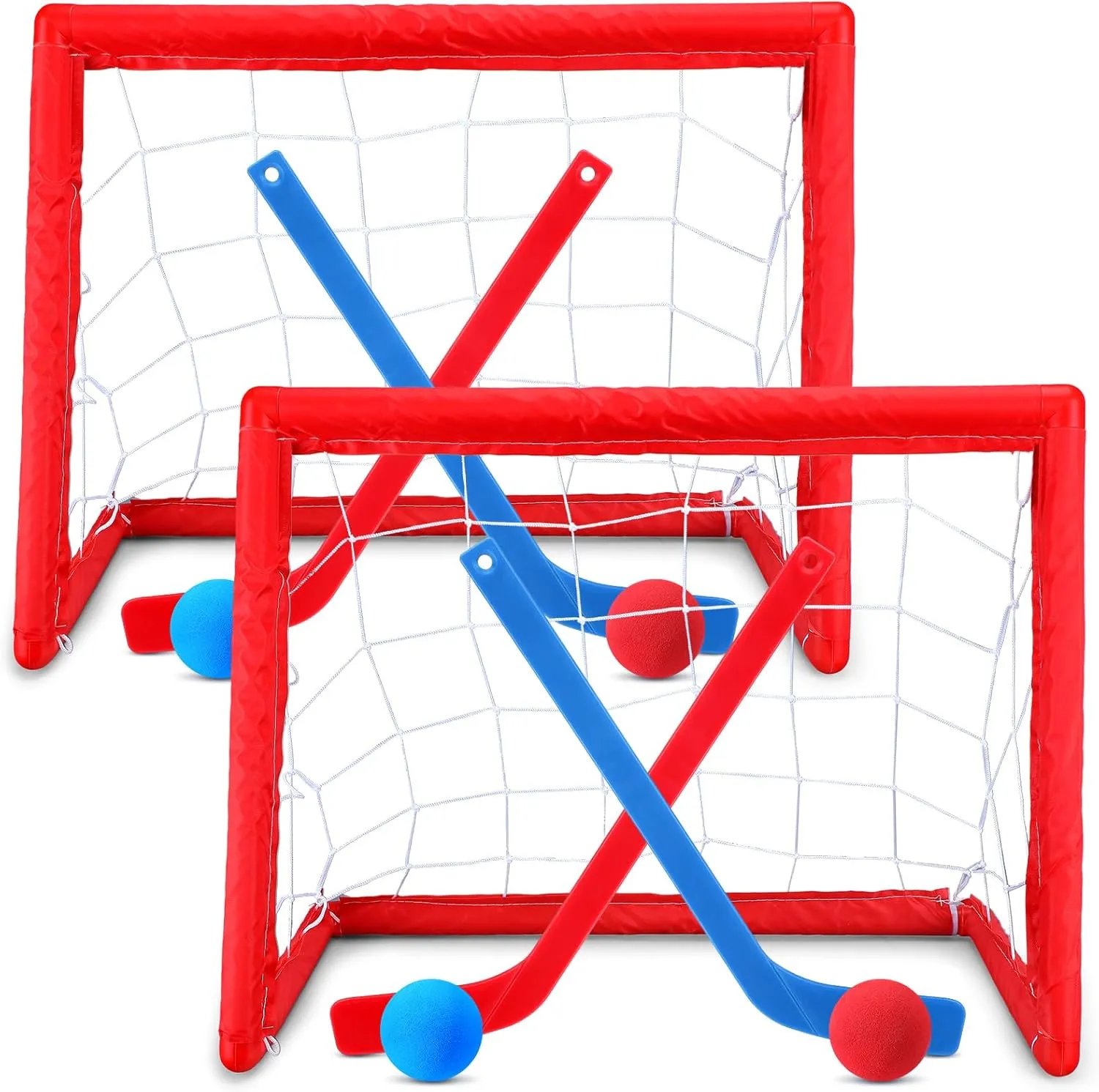 Leyndo 2 Sets Kids Mini Hockey Set Includes 2 Hockey Nets 2 Mini Hockey Goal 4 Plastic Mini Hockey Sticks 4 Foam Balls Knee Hockey Goal Hockey Ball for Kids Indoor Floor(Bright Color)