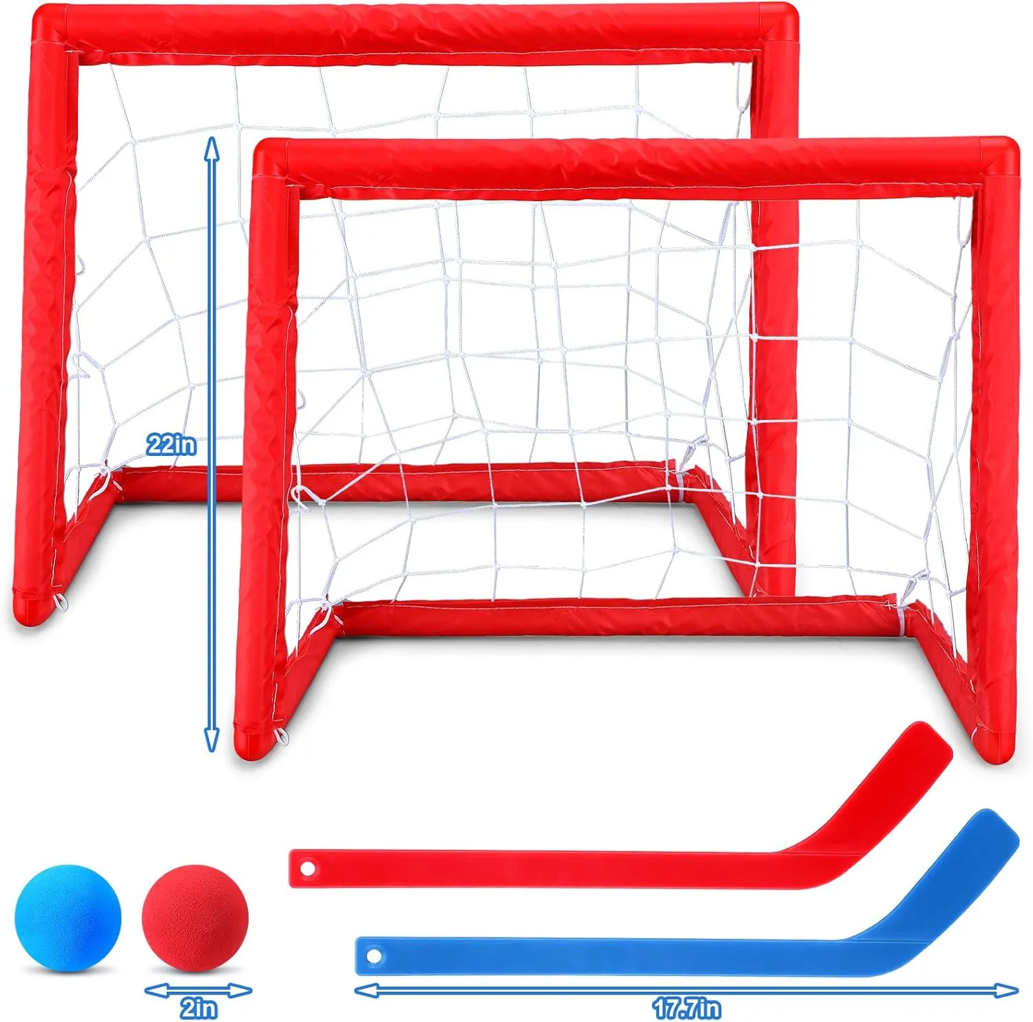 Leyndo 2 Sets Kids Mini Hockey Set Includes 2 Hockey Nets 2 Mini Hockey Goal 4 Plastic Mini Hockey Sticks 4 Foam Balls Knee Hockey Goal Hockey Ball for Kids Indoor Floor(Bright Color)