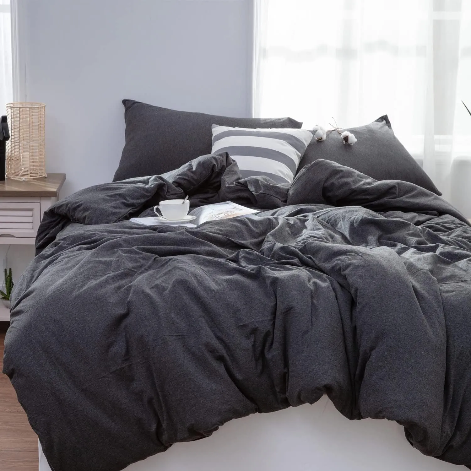 LIFETOWN 100% Jersey Knit Cotton Duvet Cover Set T-Shirt Feel Bedding Set Ultra Soft Wrinkle-Free (Heathered Dark Grey, King)