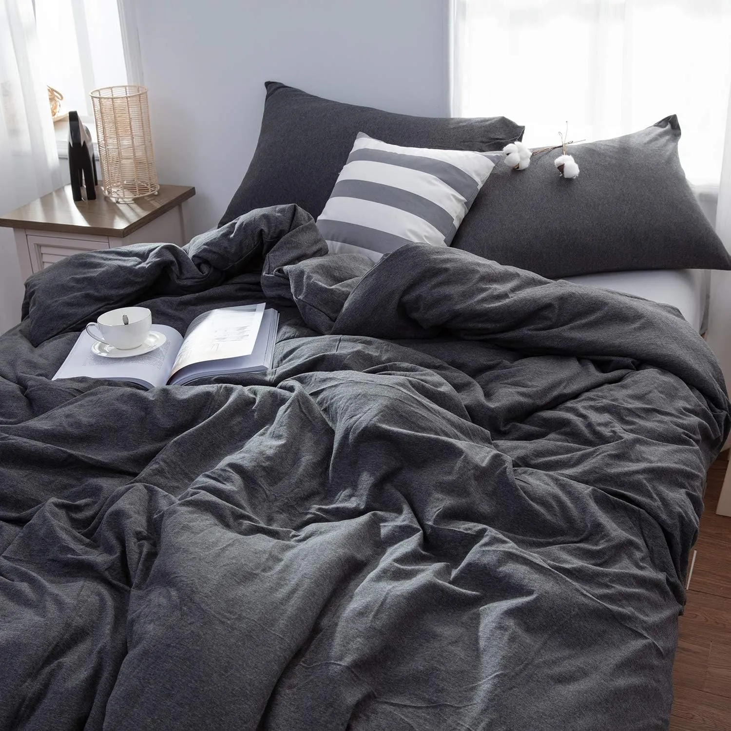 LIFETOWN 100% Jersey Knit Cotton Duvet Cover Set T-Shirt Feel Bedding Set Ultra Soft Wrinkle-Free (Heathered Dark Grey, King)