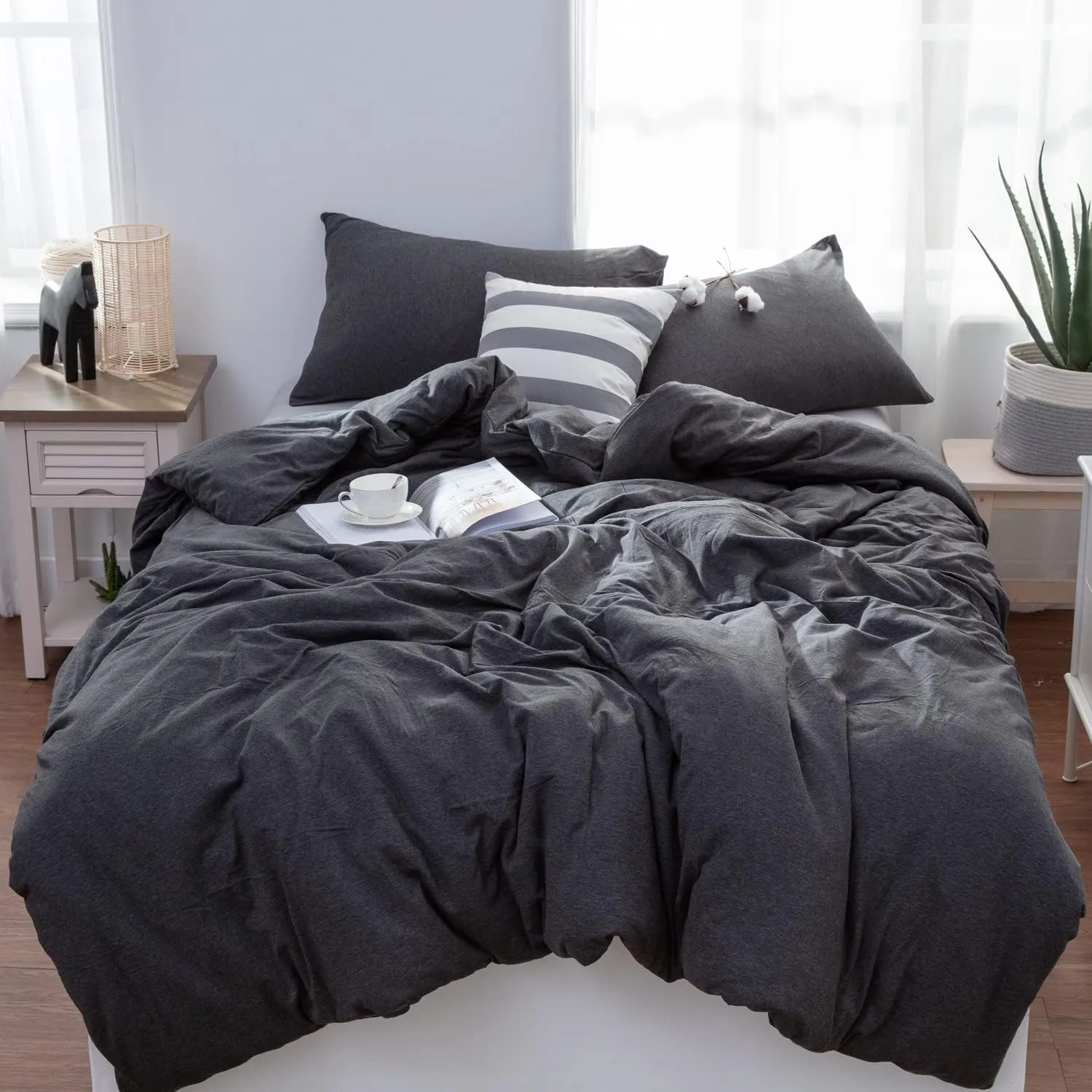 LIFETOWN 100% Jersey Knit Cotton Duvet Cover Set T-Shirt Feel Bedding Set Ultra Soft Wrinkle-Free (Heathered Dark Grey, King)