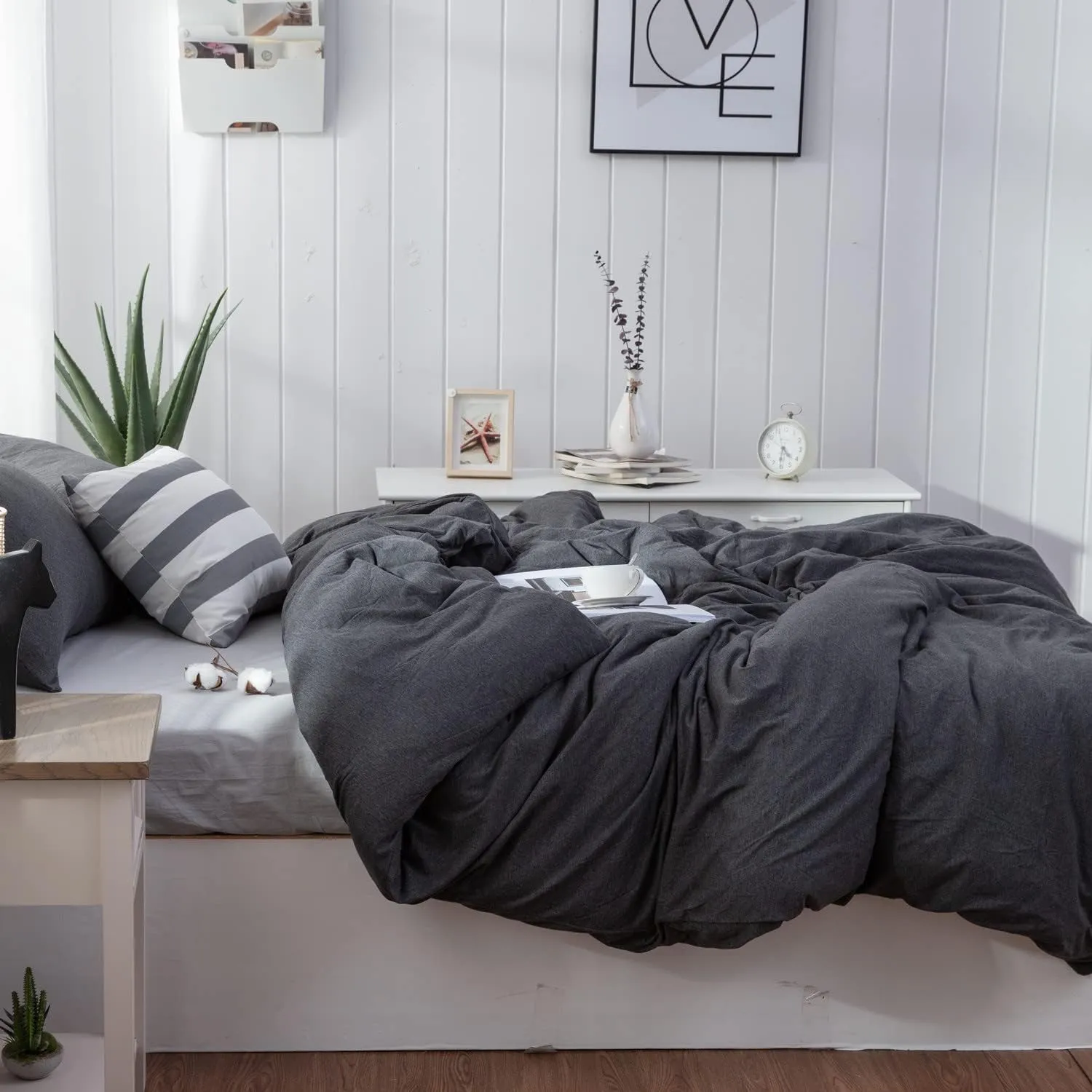 LIFETOWN 100% Jersey Knit Cotton Duvet Cover Set T-Shirt Feel Bedding Set Ultra Soft Wrinkle-Free (Heathered Dark Grey, King)