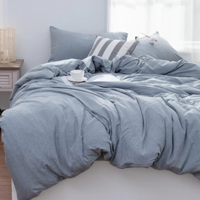 LIFETOWN 100% Jersey Knit Cotton Duvet Cover Set T-Shirt Feel Bedding Set Ultra Soft Wrinkle-Free (Heathered Greyish Blue, Queen)