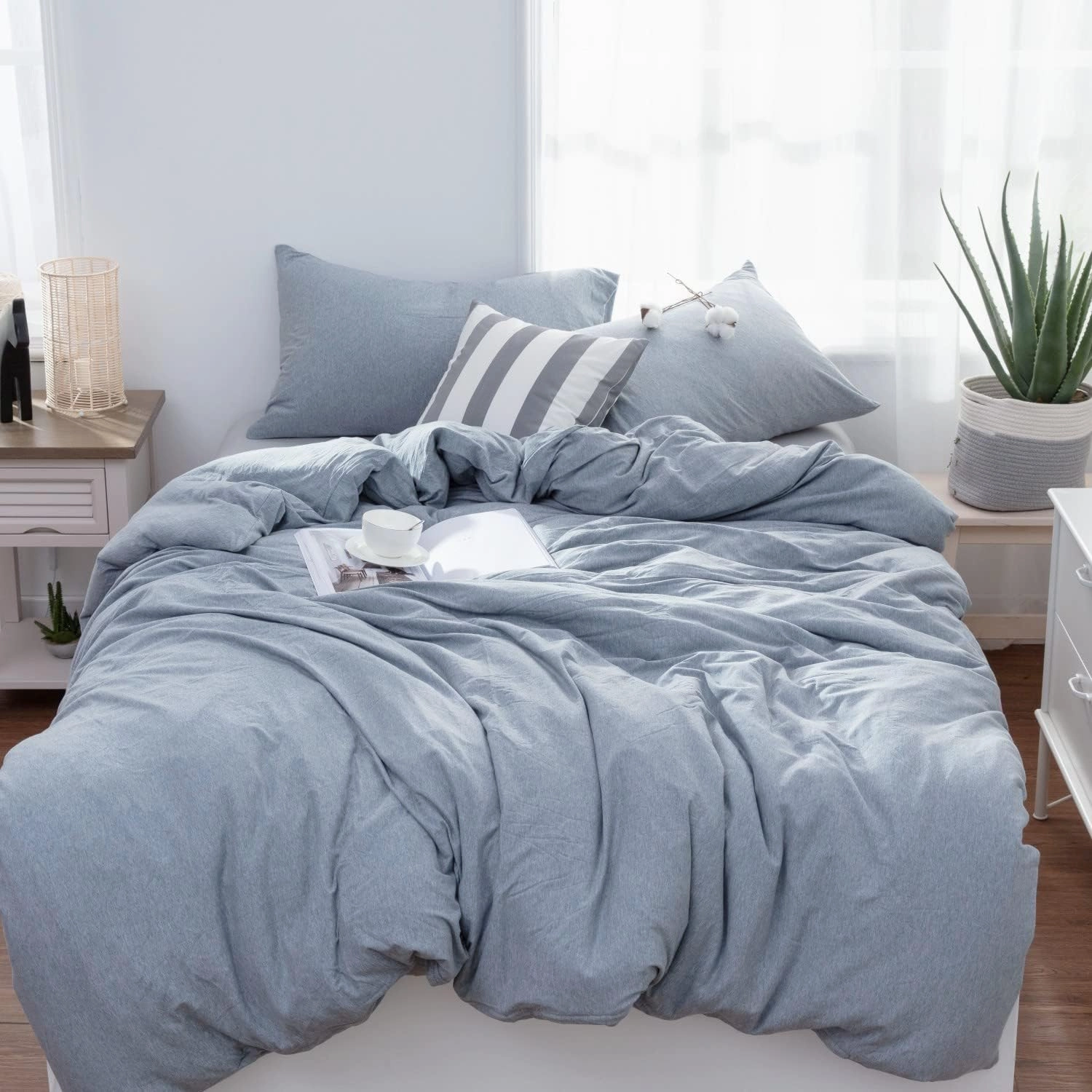 LIFETOWN 100% Jersey Knit Cotton Duvet Cover Set T-Shirt Feel Bedding Set Ultra Soft Wrinkle-Free (Heathered Greyish Blue, Queen)