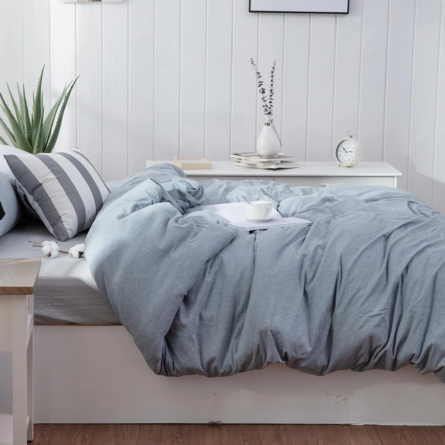 LIFETOWN 100% Jersey Knit Cotton Duvet Cover Set T-Shirt Feel Bedding Set Ultra Soft Wrinkle-Free (Heathered Greyish Blue, Queen)