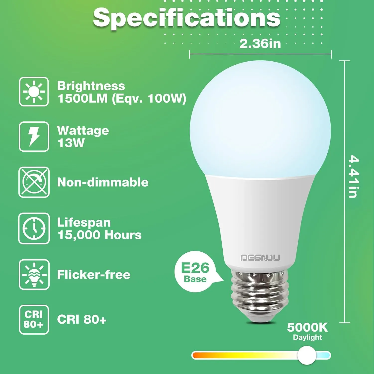 Light Bulbs, 100 Watt Equivalent LED Bulbs A19, 5000K Daylight Light Bulbs, E26 Standard Base, 1500 Lumens, Non-Dimmable, 13W Bright White LED Bulb for Bedroom Home Office, 24 Pack