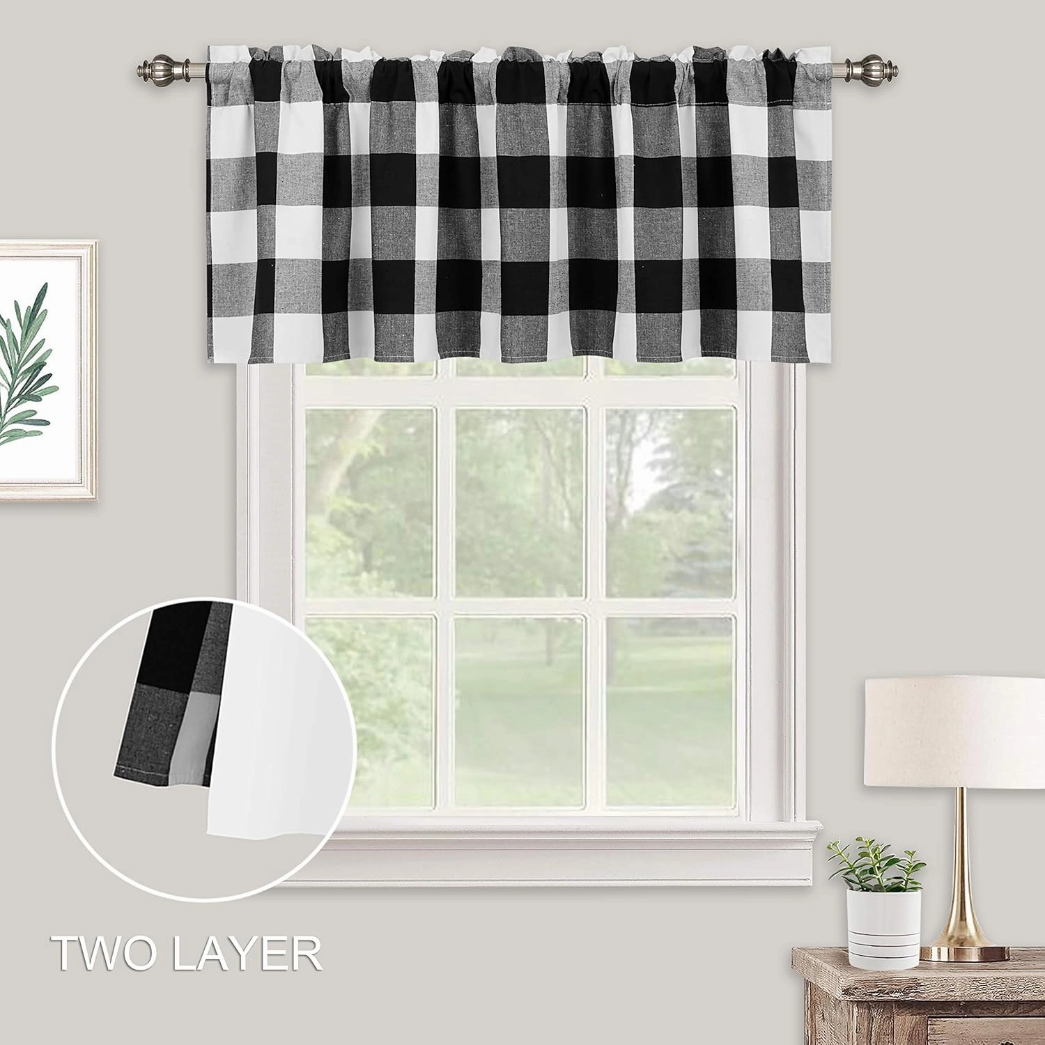 Lined Buffalo Check Plaid Valances for Kitchen, Line Up Farmhouse Gingham Window Treatment Decor Curtains Valances for Living Room Rod Pocket 2 Layers 52 Inch by 18 Inch, Black and White