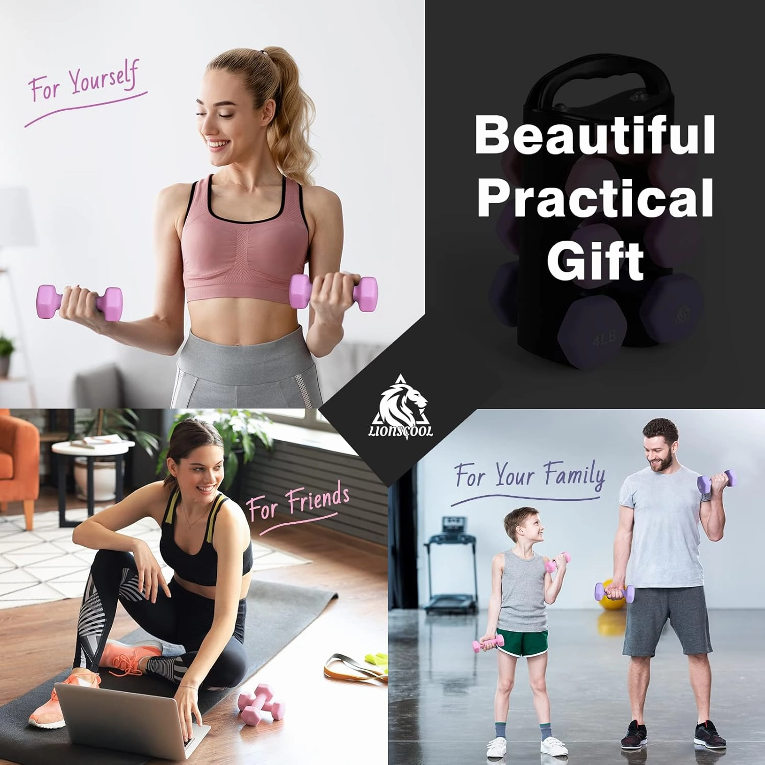 LIONSCOOL Set of 2 Neoprene Coated Dumbbell Hand Weights, Anti-Slip and Anti-Roll Hex Dumbbells in Pair for Strength Training, Resistance Training