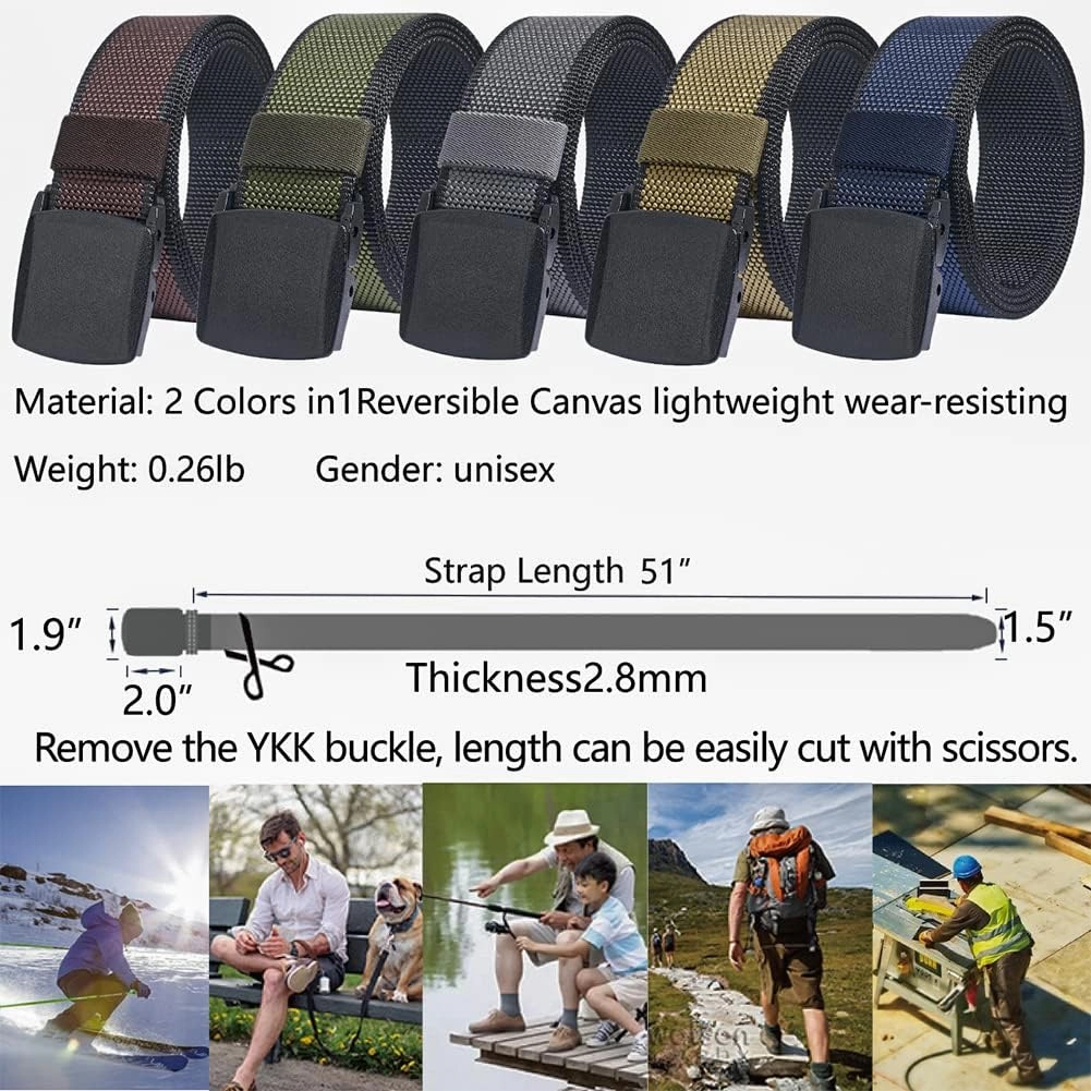 LionVII Mens Casual Belts Web - 2 Colors in 1 Reversible with YKK Plastic Buckle - Adjustable Trim to Fit 27-49" Waist
