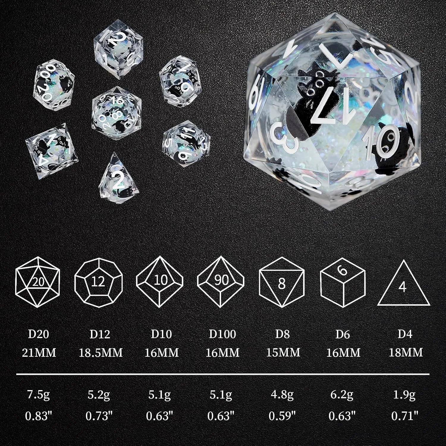 Liquid Core Resin DND Dice,Cat Style Polyhedral Dice 7-Die Set Quicksand Handmade for RPG MTG Table Games