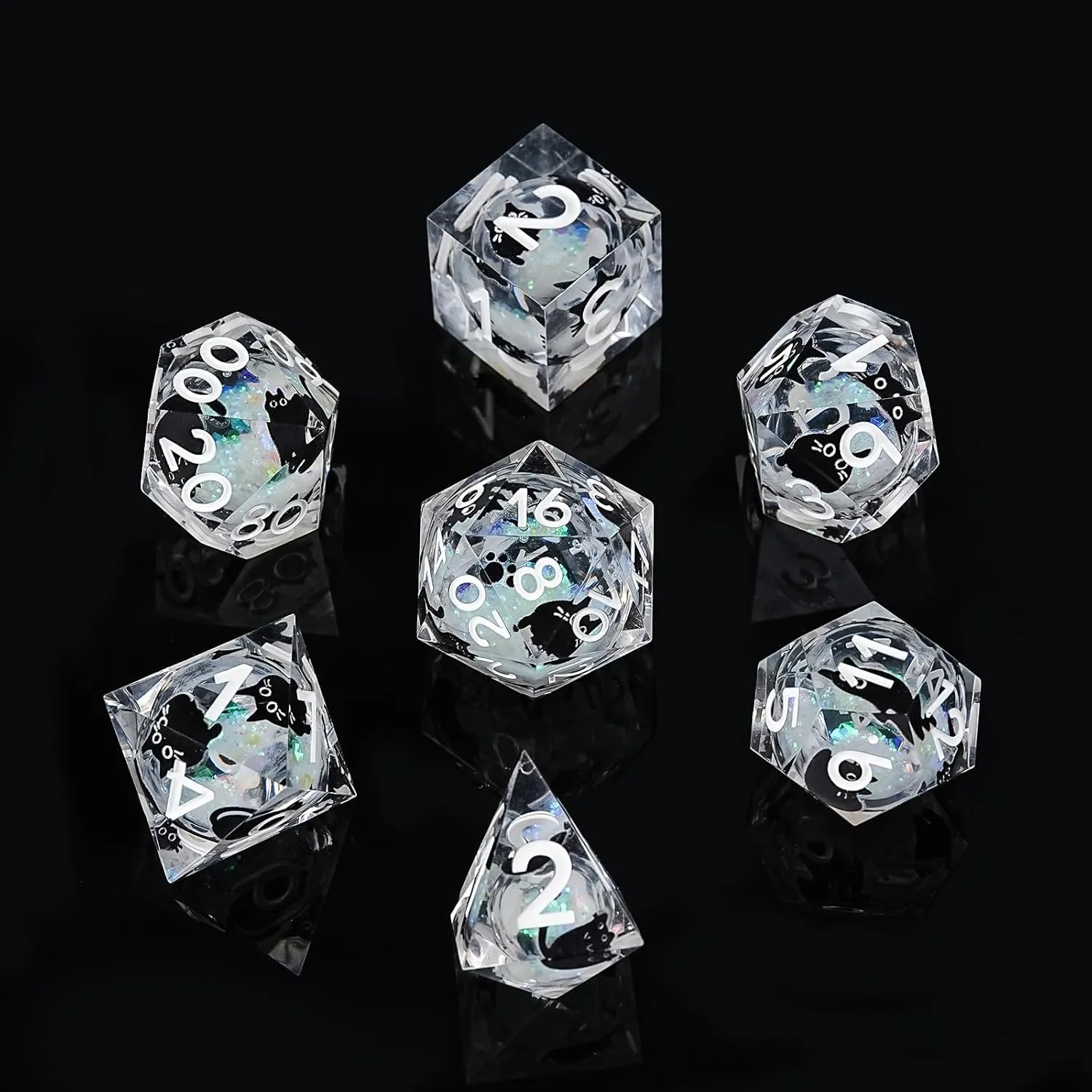 Liquid Core Resin DND Dice,Cat Style Polyhedral Dice 7-Die Set Quicksand Handmade for RPG MTG Table Games