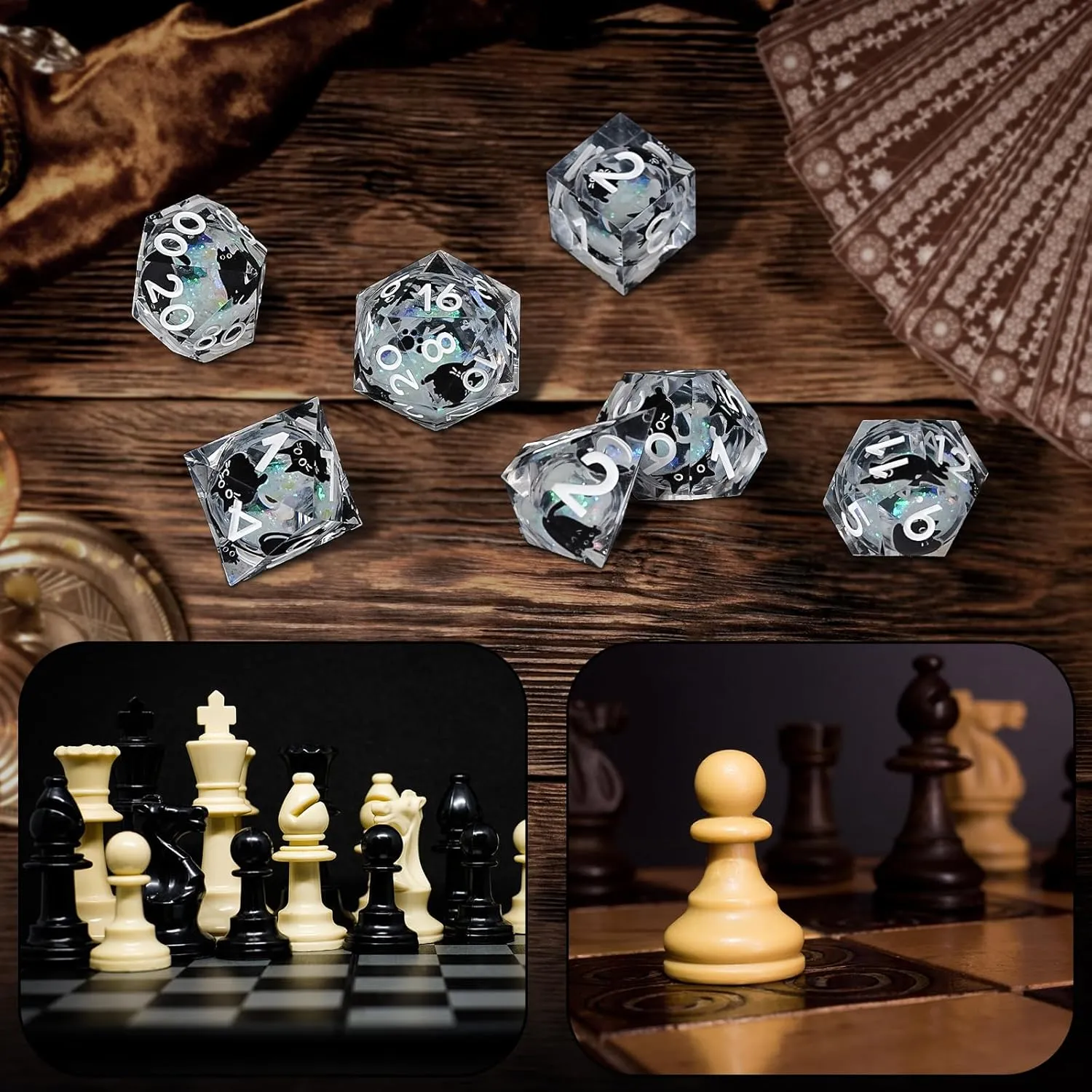 Liquid Core Resin DND Dice,Cat Style Polyhedral Dice 7-Die Set Quicksand Handmade for RPG MTG Table Games