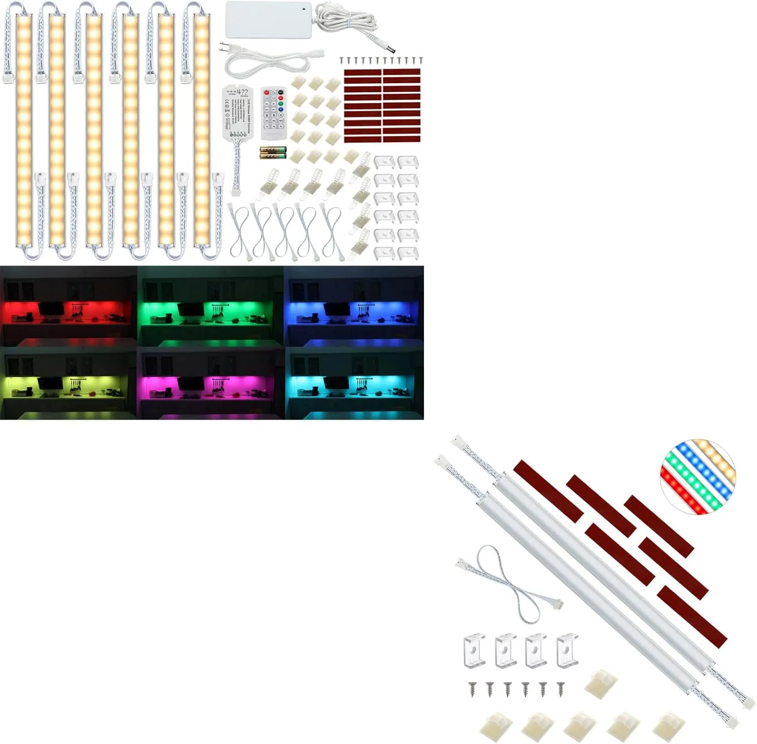 Litever RGB   Warm White 3000K 6-Light-Bar Under Cabinet Lights Kit 24W Add-on 12" RGB   3000K LED Light Strip Bar 2 Pack