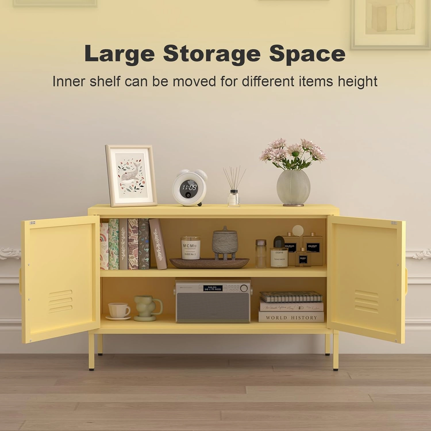 Locker Cabinet,Metal Storage Cabinet with Doors,Metal TV Stand for Bedroom,Wide Accent Storage,Yellow