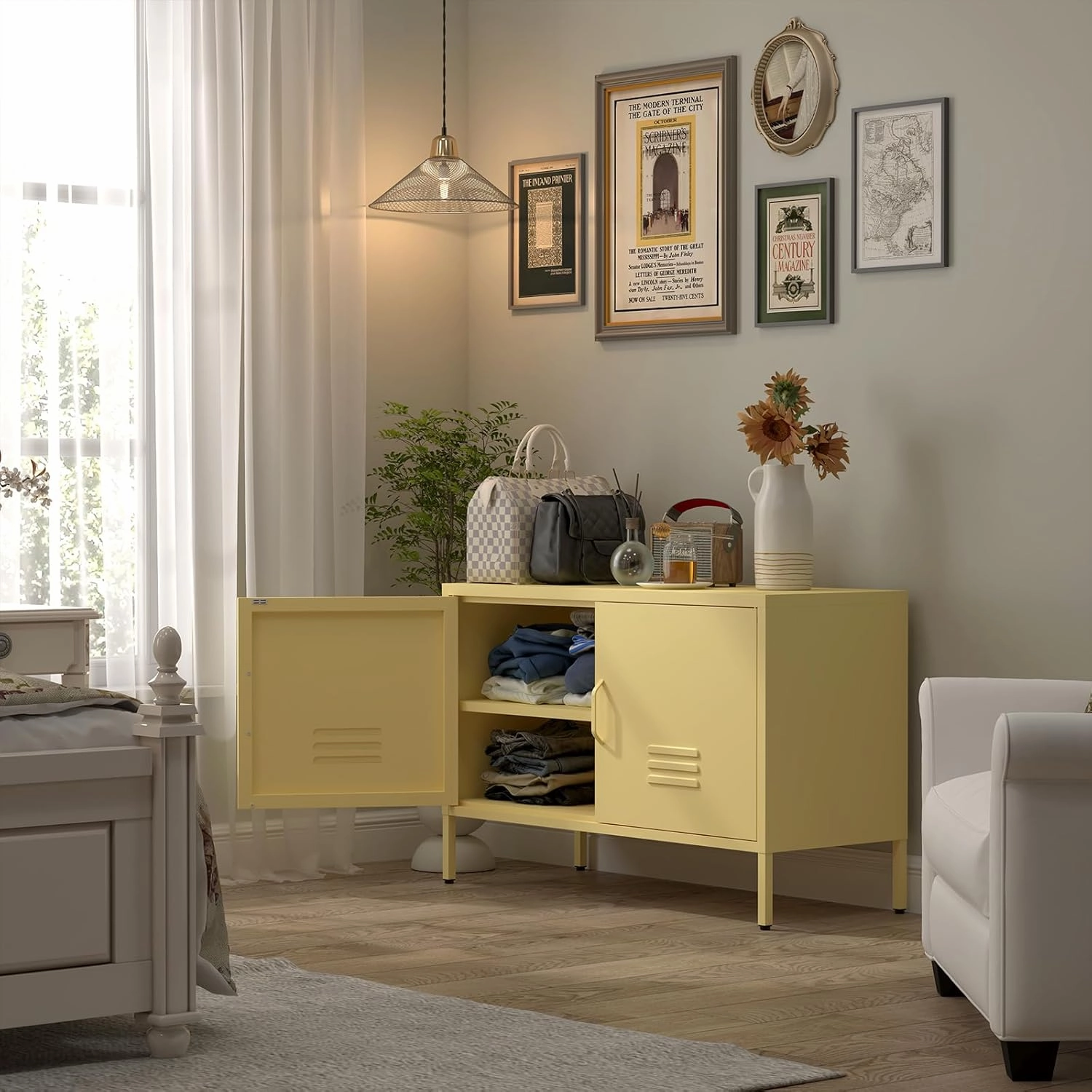 Locker Cabinet,Metal Storage Cabinet with Doors,Metal TV Stand for Bedroom,Wide Accent Storage,Yellow