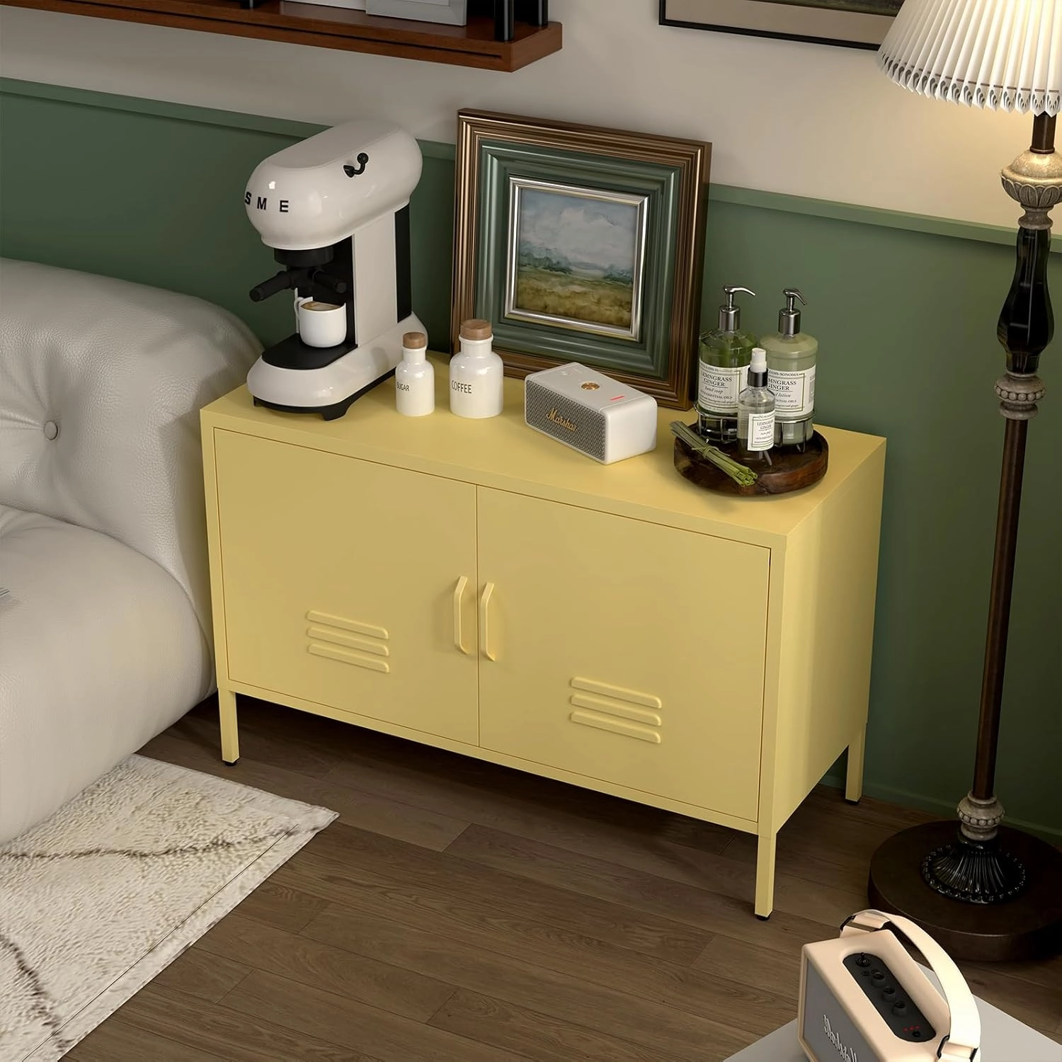 Locker Cabinet,Metal Storage Cabinet with Doors,Metal TV Stand for Bedroom,Wide Accent Storage,Yellow
