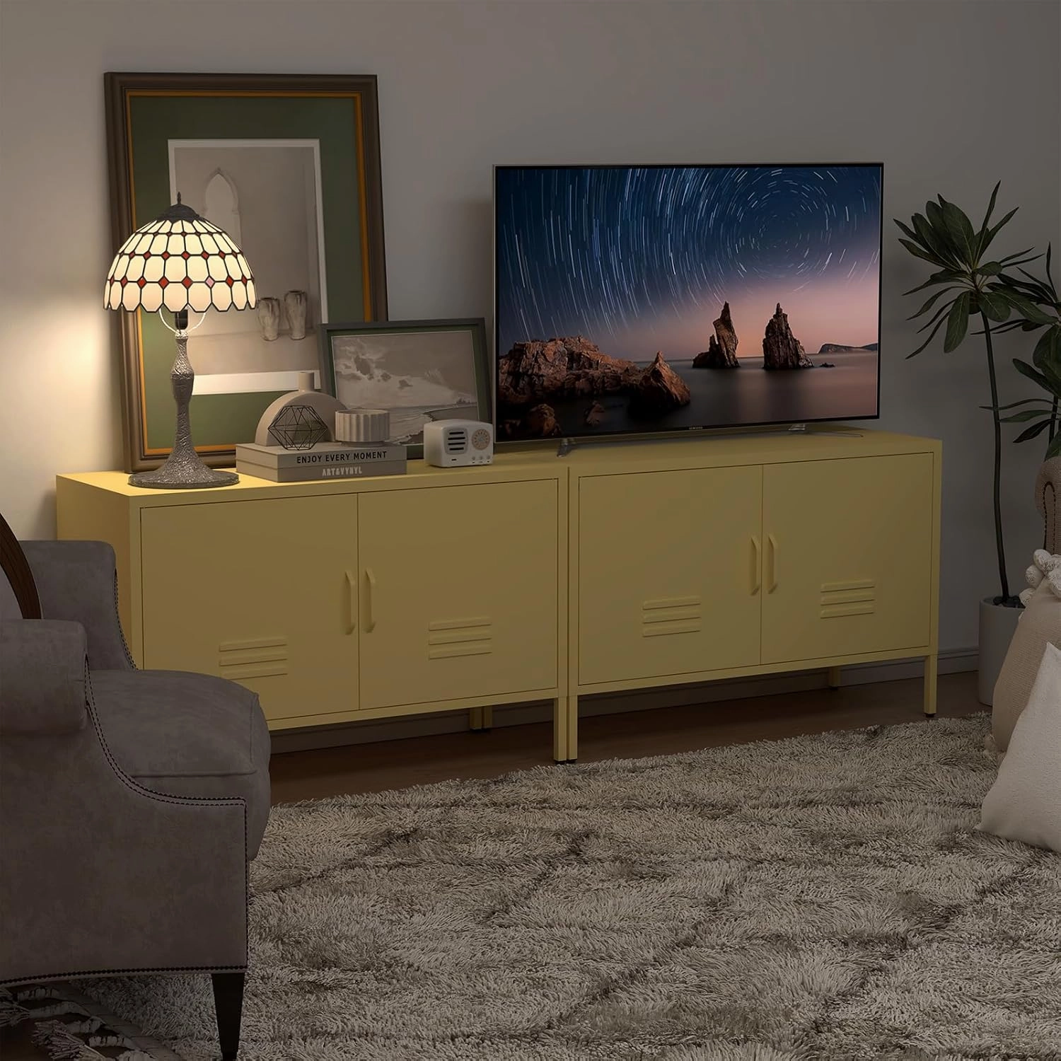 Locker Cabinet,Metal Storage Cabinet with Doors,Metal TV Stand for Bedroom,Wide Accent Storage,Yellow