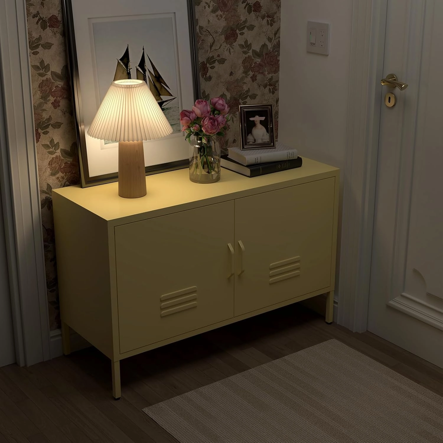Locker Cabinet,Metal Storage Cabinet with Doors,Metal TV Stand for Bedroom,Wide Accent Storage,Yellow