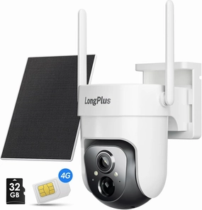 LongPlus No WiFi Security Camera, 2K 4G LTE Cellular Security Camera Wireless, Solar Battery Powered Outdoor Camera Wireless, 360° View, Color Night Vision, Smart AI Detection