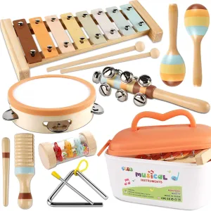 LOOIKOOS Baby Musical Instruments for Kids Montessori Music Toys for Toddlers 1-3,Neutral Colors Wooden Percussion Instruments Set with Modern Boho Xylophone for Kid Preschool Educational 3 
