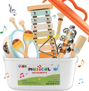 LOOIKOOS Baby Musical Instruments,Montessori Wooden Toys for Toddlers 1-3 Preschool Educational Neutral Colors Percussion Instruments Set with Modern Boho Xylophone for Kids