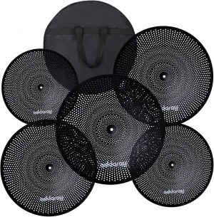 Low Volume Cymbal Pack, Mute Cymbal Set 14'Hihats Pair 16"Crash 18'Crash 20"Ride 5 Pieces Drum Cymbal Drummer Practice Quiet Cymbal for Drum Set with FREE Carry Bag, Black