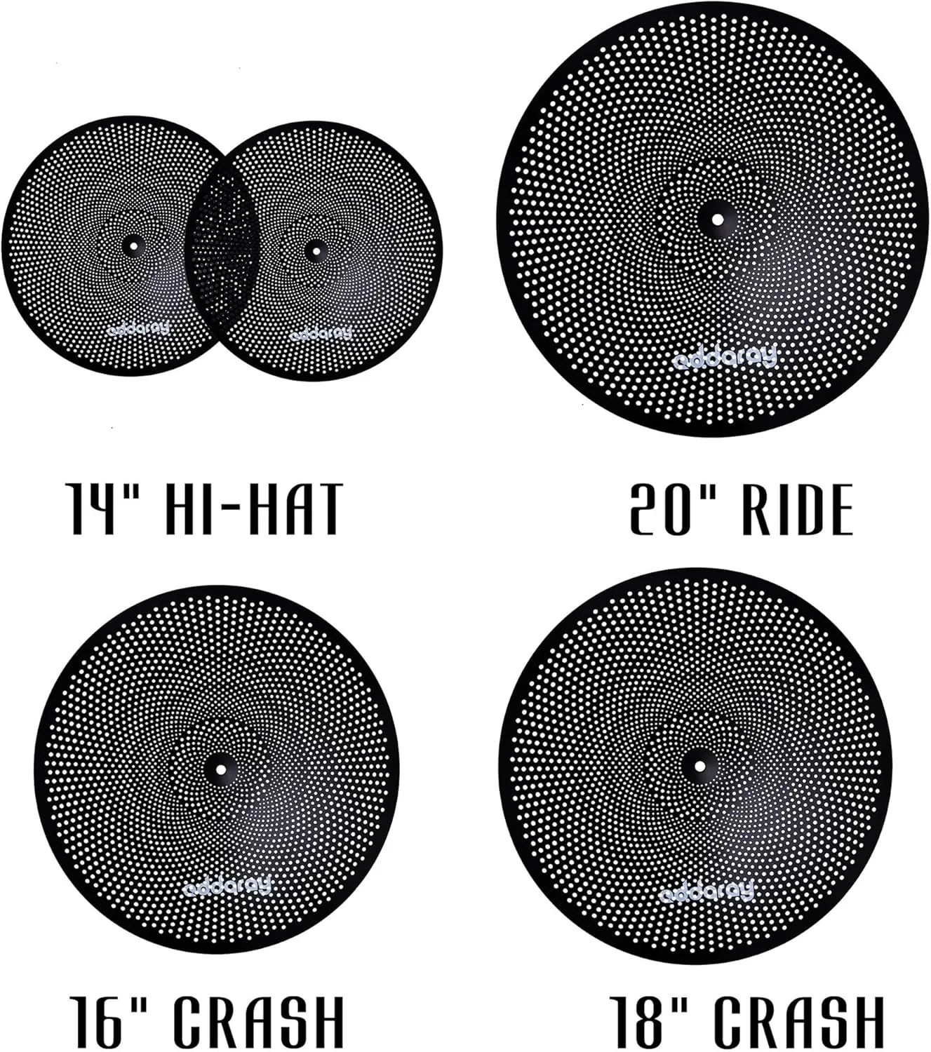 Low Volume Cymbal Pack, Mute Cymbal Set 14'Hihats Pair 16"Crash 18'Crash 20"Ride 5 Pieces Drum Cymbal Drummer Practice Quiet Cymbal for Drum Set with FREE Carry Bag, Black