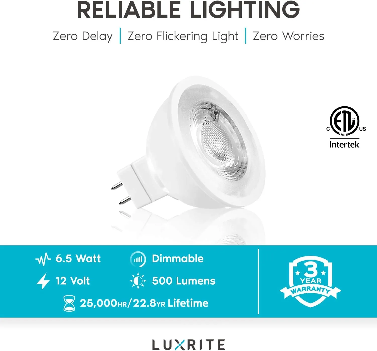 LUXRITE MR16 LED Bulb 50W Equivalent, 12V, 5000K Bright White Dimmable, 500 Lumens, GU5.3 LED Spotlight Bulb 6.5W, Enclosed Fixture Rated, Perfect for Track and Home Lighting (12 Pack)