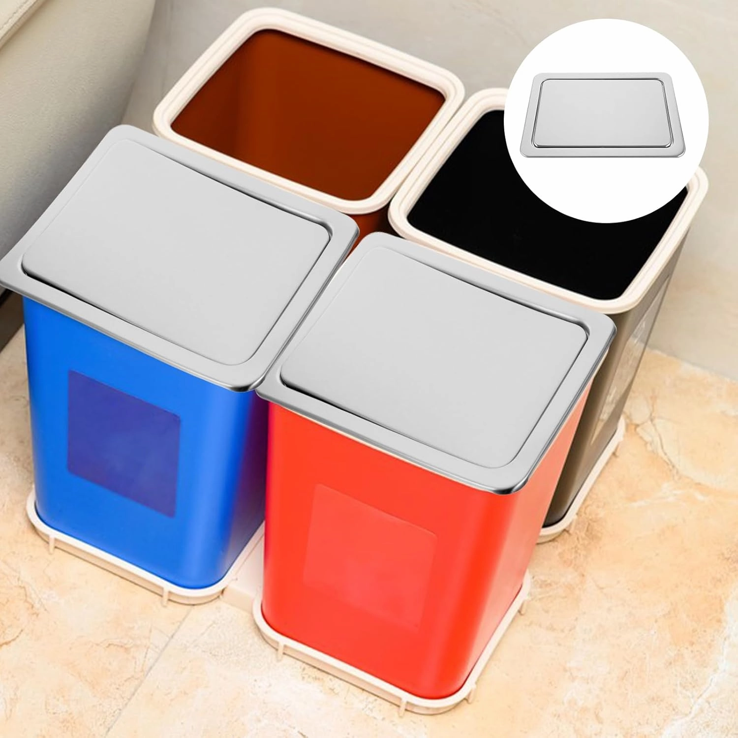 Luxshiny Stainless Steel Square Trash Can Lid Replacement Embedded Swing Flap Cover, Kitchen and Bathroom Waste Bin Lid Built-in Countertop Garbage Bin Cap 10.70x7.36x1.29 Inch Silver
