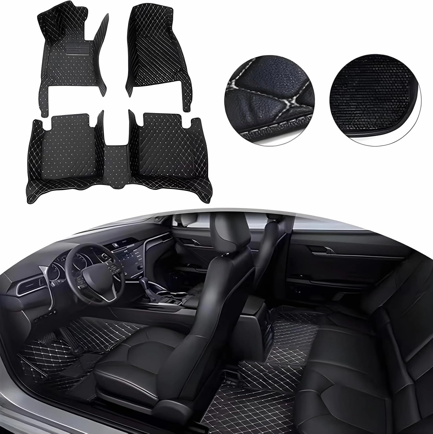 Luxury Leather Car Floor Mats for 2008-2014 Hyundai Genesis- All-Weather, Easy to Clean, Premium Interior Protection (Black Blue)
