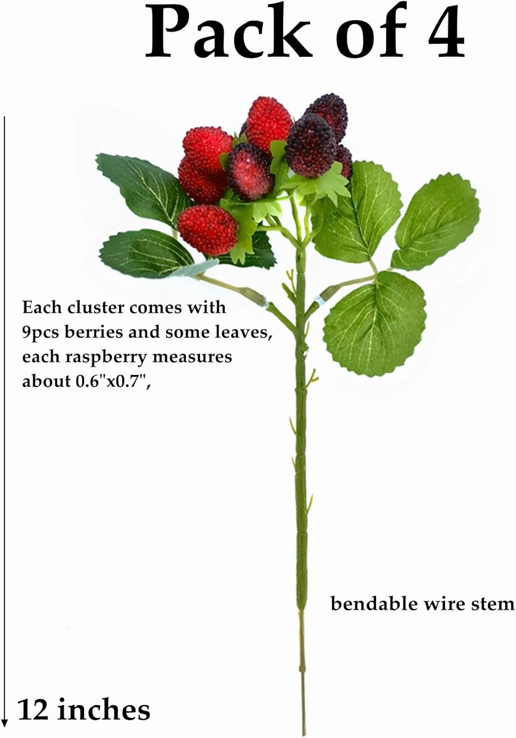 M2cbridge 4PCS Artificial Raspberry Red Berry Strawberry Faux Fruit BlackBerry Props Table Decoration (Red with Black)