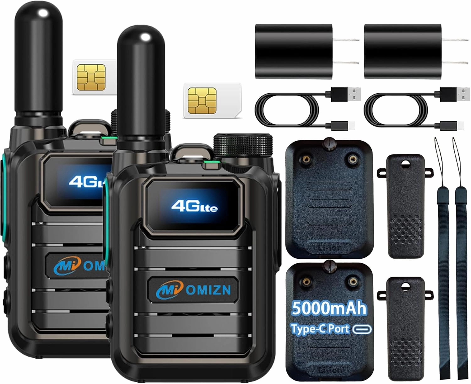 M3 POC Global Walkie Talkie with SIM Card Unlimited Range Cellular Network Nationwide Two Way Radio Long Range 5000mAh AES256 Type-C Charging Monitor IP54 2 Pack