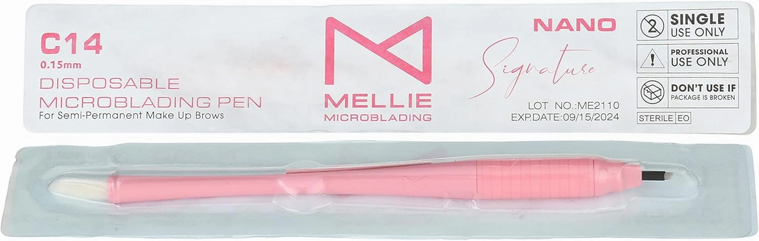 M PACK OF 10 Mellie's Signature Microblading Disposable Pen - Sterilized Blade - Comfortable Rubber Grip With Pigment Sponge (C14 NANO .15mm, Pink)