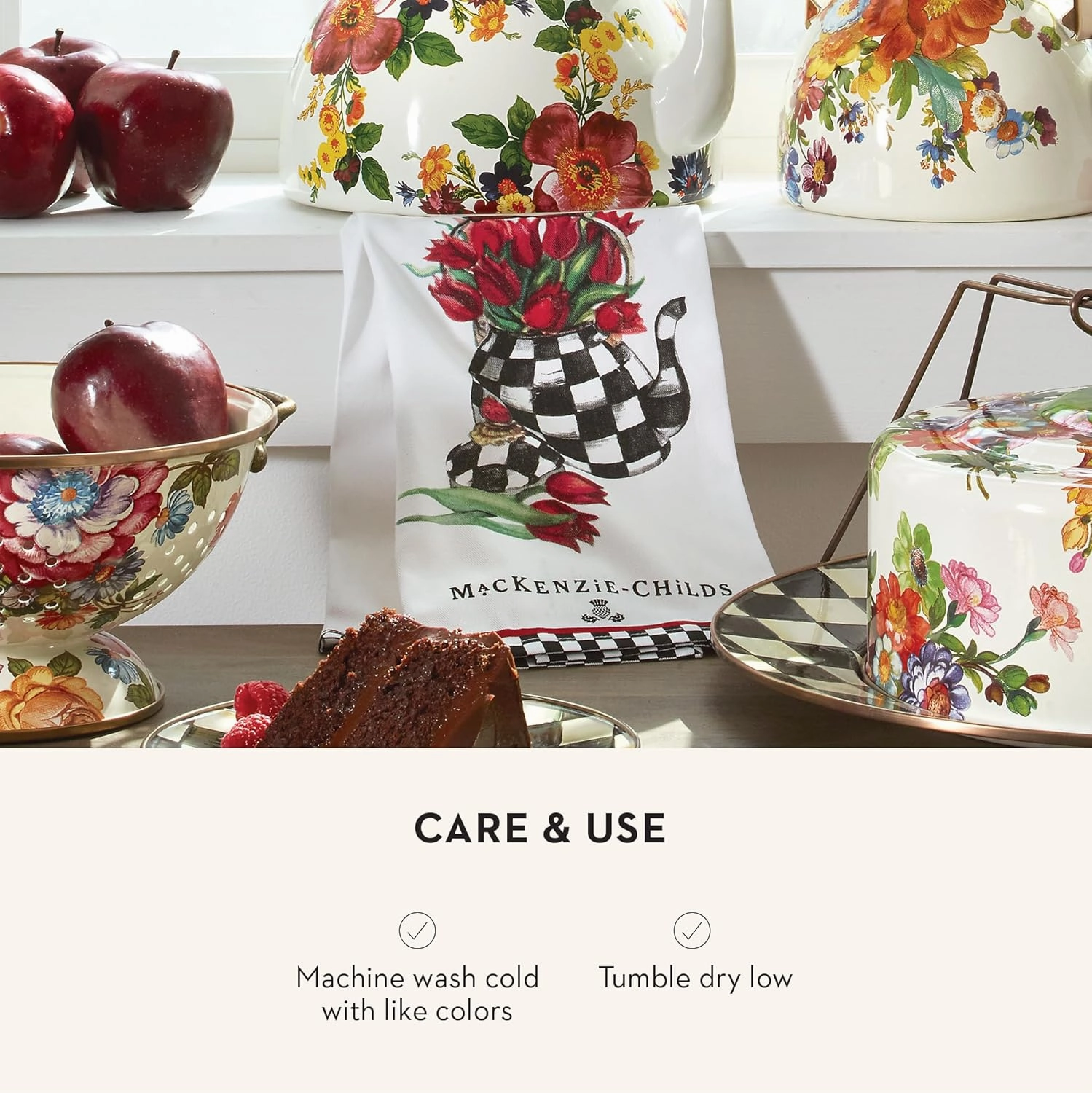 MACKENZIE-CHILDS Cotton Dish Towel, Cute Decorative Kitchen Dish Towel for Cleaning and Home Decor, Set of 1, Tulip Tea Kettle