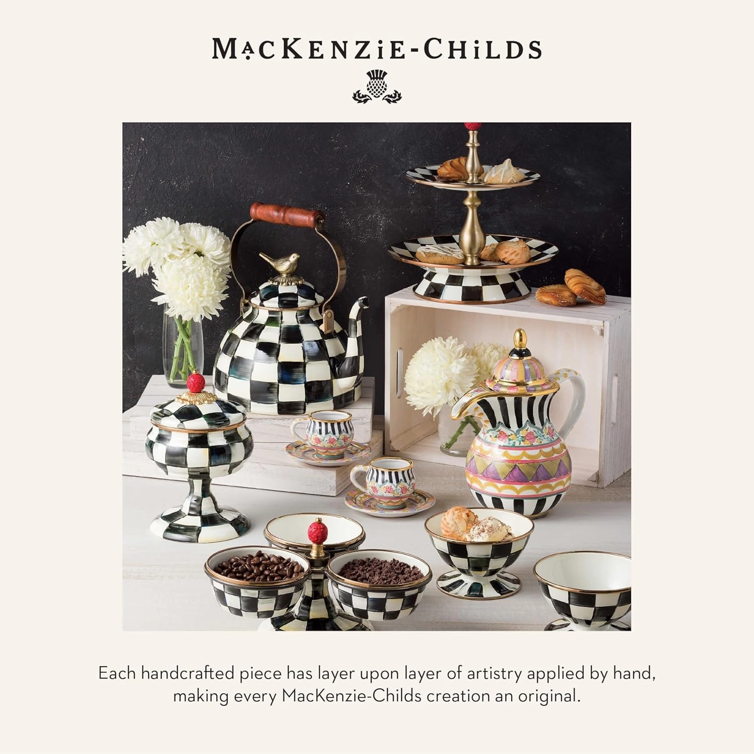MACKENZIE-CHILDS Cotton Dish Towel, Cute Decorative Kitchen Dish Towel for Cleaning and Home Decor, Set of 1, Tulip Tea Kettle