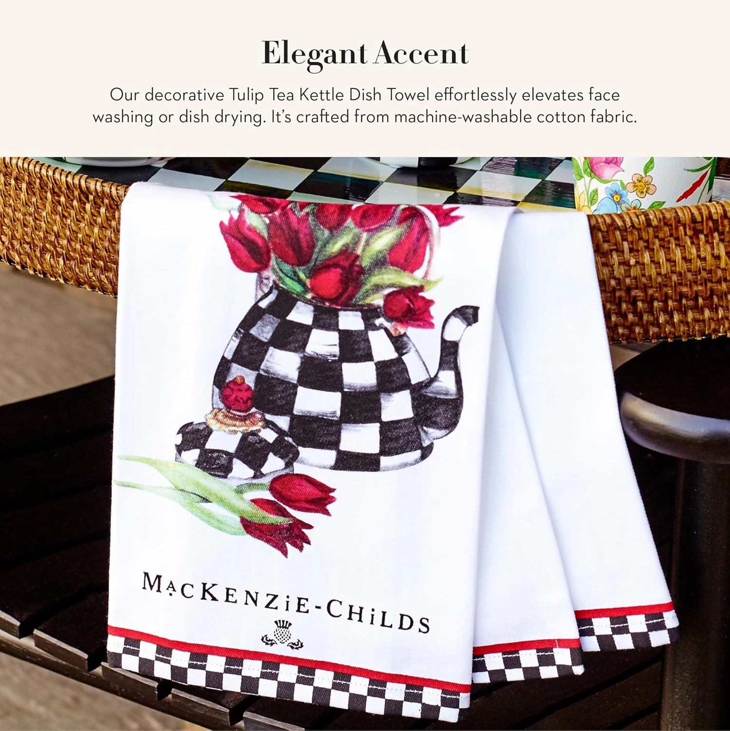 MACKENZIE-CHILDS Cotton Dish Towel, Cute Decorative Kitchen Dish Towel for Cleaning and Home Decor, Set of 1, Tulip Tea Kettle