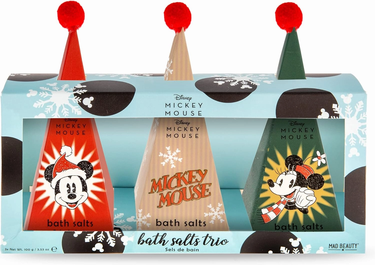 MAD BEAUTY Disney Mickey Mouse Bath Salts Trio, Frosted Berries, Toasted Marshmallow & Christmas Icing Fragranced, Gift Wrapped, 3-Pack