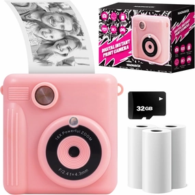 Magnavox MCC9063 Kids Camera with Low Cost Instant Print in Black & White, Print in Color from PC, Record 1080p Video, 32GB SD Card Incl., 2in LCD Display, Built-in Games, 3 Rolls of Paper Included