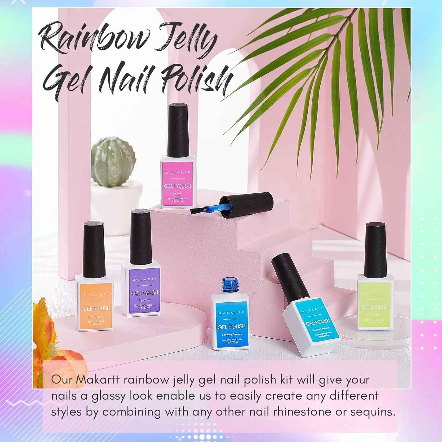 Makartt Gel Nail Polish Kit, 6 Colors Pink Blue Green Pastel Jelly Gel, 8ML Crystal Soak Off for Spring Nail Art, Manicure & Salon Use, Holiday Gift