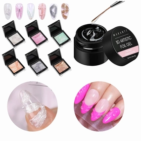 Makartt 3D 8 ml Nail Foil Glue Bundle with No Wipe 3D UV Nail Gel, Sculpting Gel for Nail Art Kit, 6 Colors Fairy Aurora Powder Gel Set