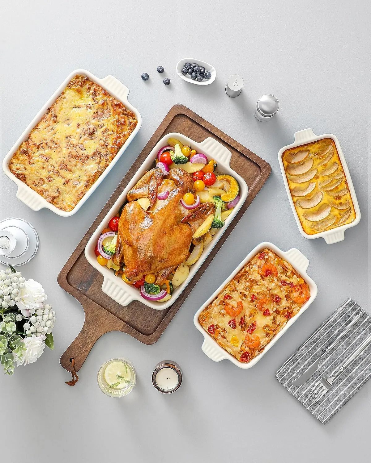 MALACASA Casserole Dishes for Oven, Porcelain Baking Dishes, Ceramic Bakeware Sets of 4, Rectangular Lasagna Pans Deep with Handles for Baking Kitchen, Blue (9.4"/11.1"/12.2"/14.7"), Series BAKE.BAKE