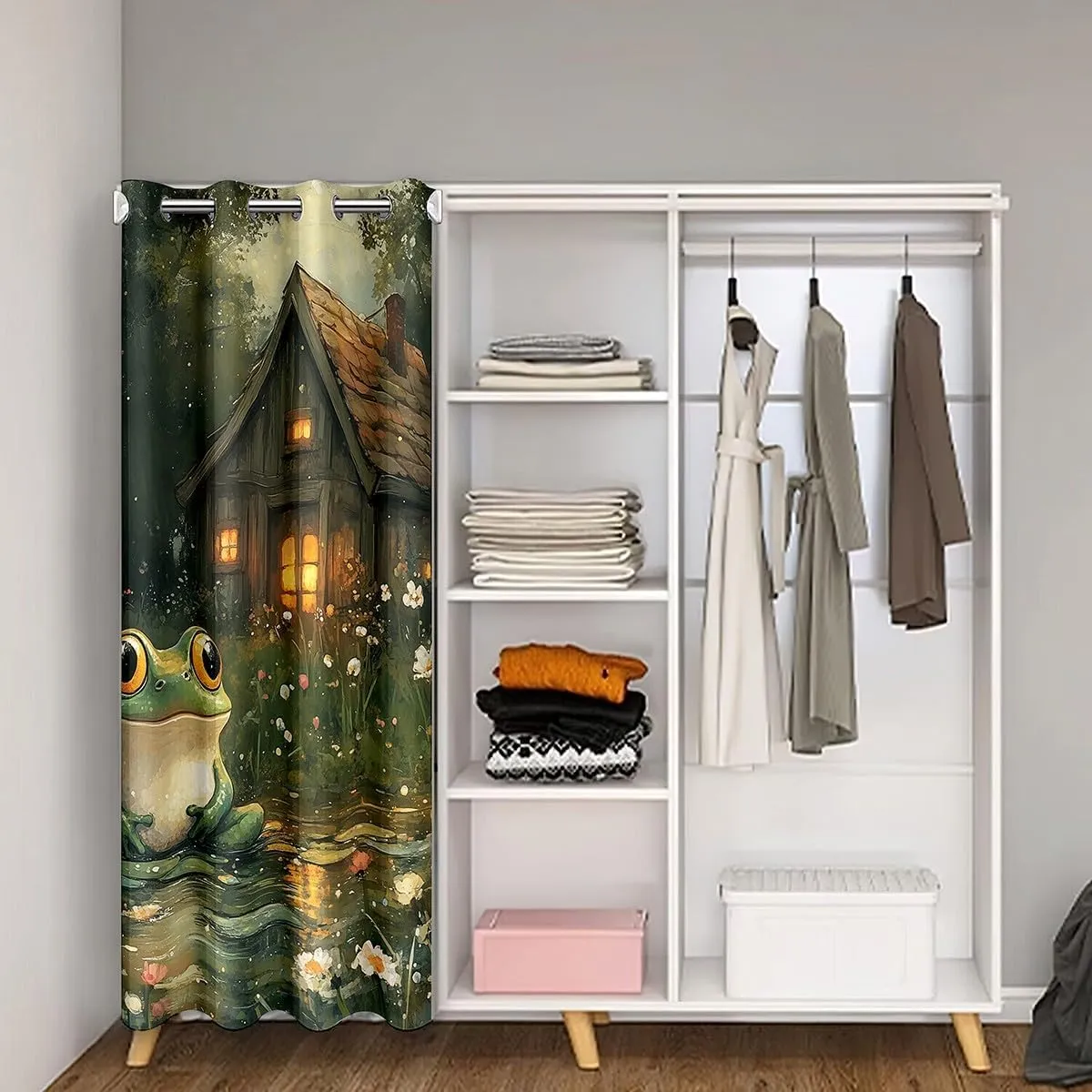 Manfei Lodge Frog Door Cover Curtain for Bedroom Decor, Rustic Cabin Jungle Wild Animal Starry Doorway Curtain, Nature Daisy Flowers Lake Lotus Leaves 80"×52" Window Treatment for Kids Adults