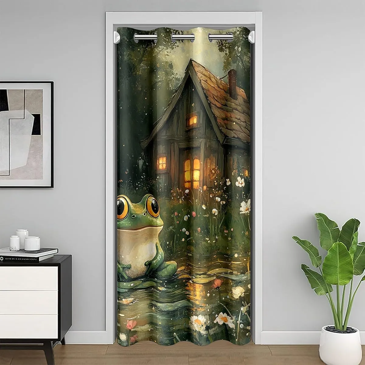 Manfei Lodge Frog Door Cover Curtain for Bedroom Decor, Rustic Cabin Jungle Wild Animal Starry Doorway Curtain, Nature Daisy Flowers Lake Lotus Leaves 80"×52" Window Treatment for Kids Adults