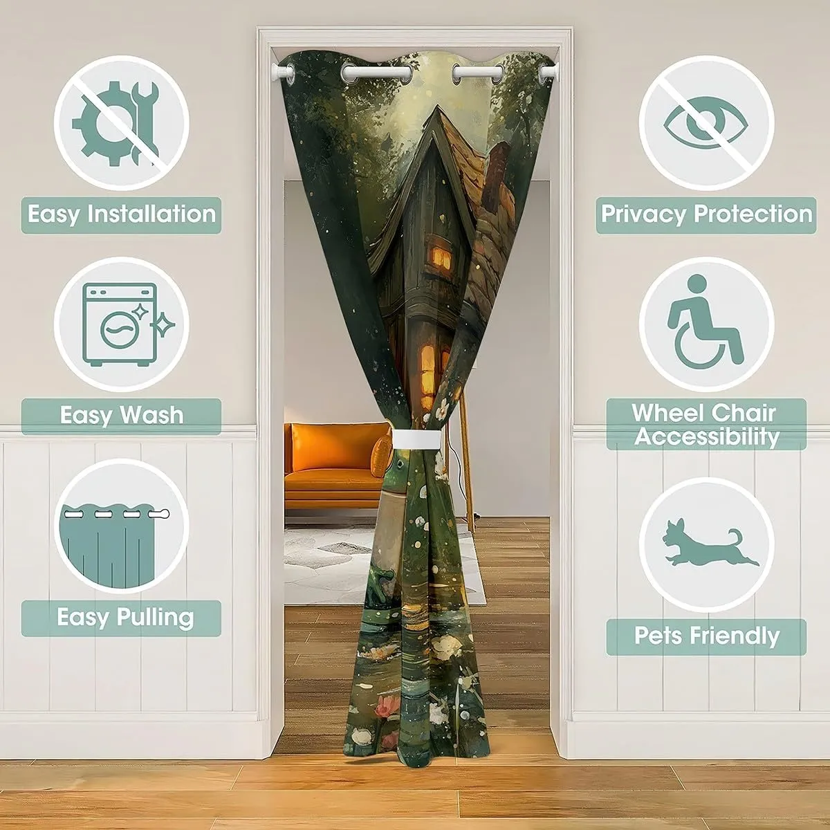 Manfei Lodge Frog Door Cover Curtain for Bedroom Decor, Rustic Cabin Jungle Wild Animal Starry Doorway Curtain, Nature Daisy Flowers Lake Lotus Leaves 80"×52" Window Treatment for Kids Adults