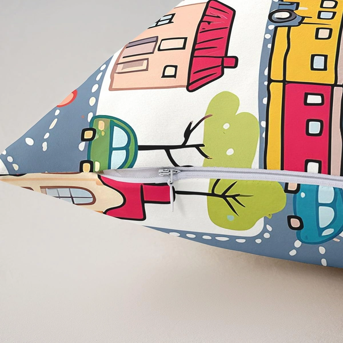 Manfei City Roadway Beige Double Sides Print Pillow Covers for Sofa Chair,Gray Road Car Bus Truck Hand Graffiti Throw Pillow Case Covers,Countryside Suburb House Tree 4 Pack Cushion Covers,16"x16"