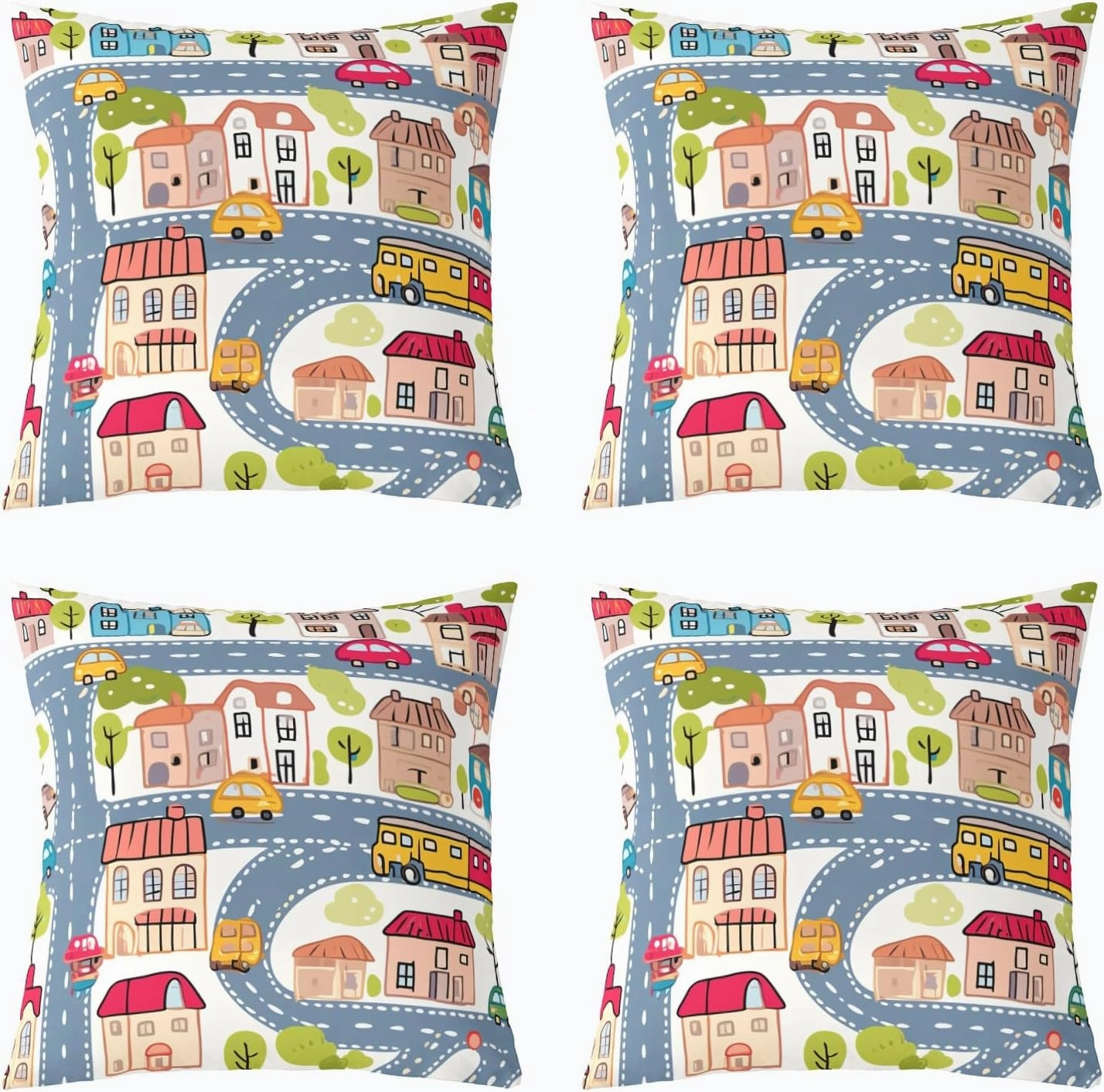 Manfei City Roadway Beige Double Sides Print Pillow Covers for Sofa Chair,Gray Road Car Bus Truck Hand Graffiti Throw Pillow Case Covers,Countryside Suburb House Tree 4 Pack Cushion Covers,16"x16"