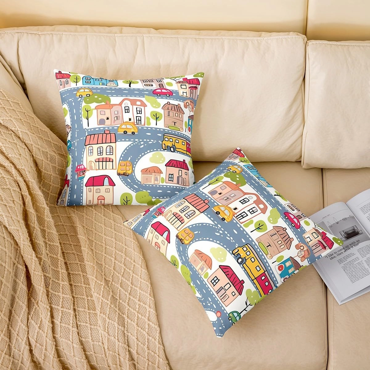 Manfei City Roadway Beige Double Sides Print Pillow Covers for Sofa Chair,Gray Road Car Bus Truck Hand Graffiti Throw Pillow Case Covers,Countryside Suburb House Tree 4 Pack Cushion Covers,16"x16"
